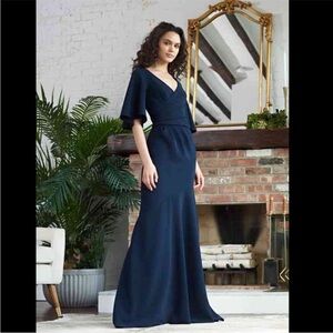 Theia Stretch Crepe Navy Blue Formal w/Flutter Sleeves, Mermaid Hemline Sz 4 NWT